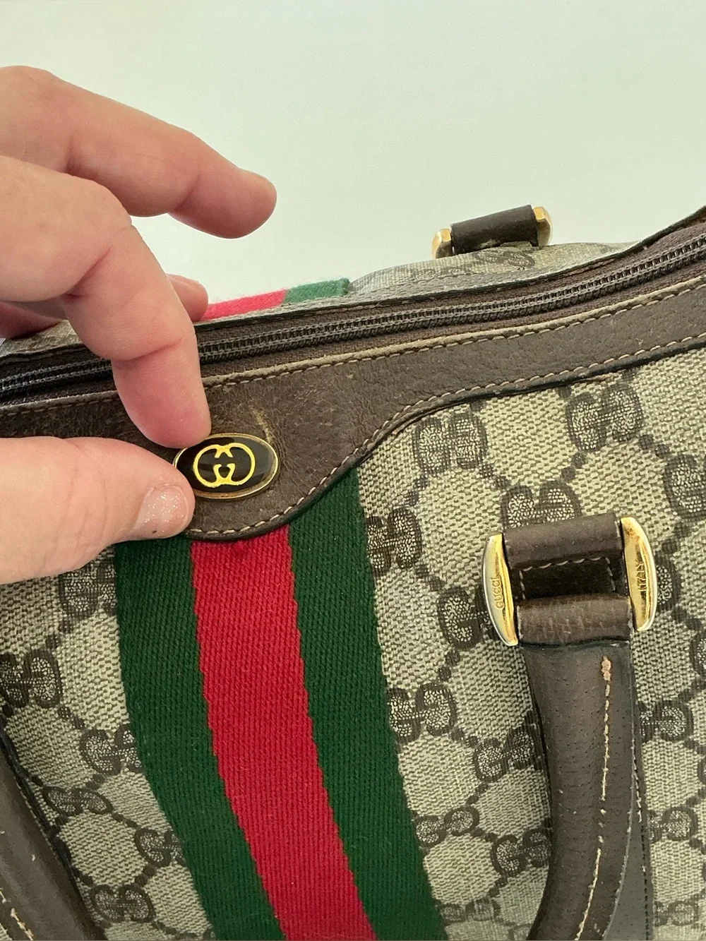 Gucci Vintage GG Supreme Boston Bag Web Stripe Satchel Brown Monogram - Picture 8 of 16
